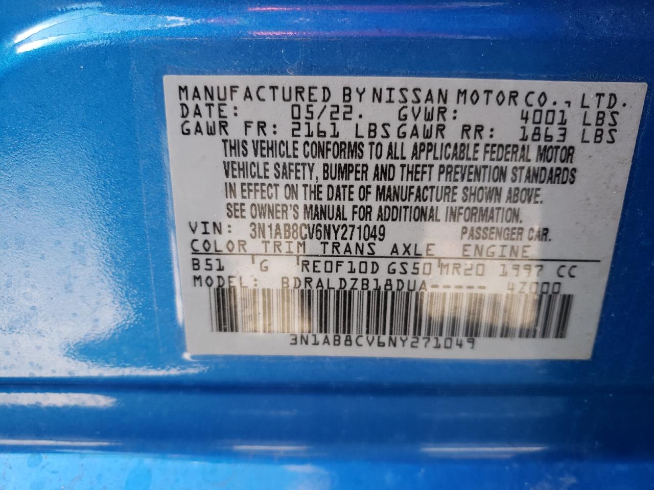 2022 NISSAN SENTRA SV VIN:3N1AB8CV6NY271049