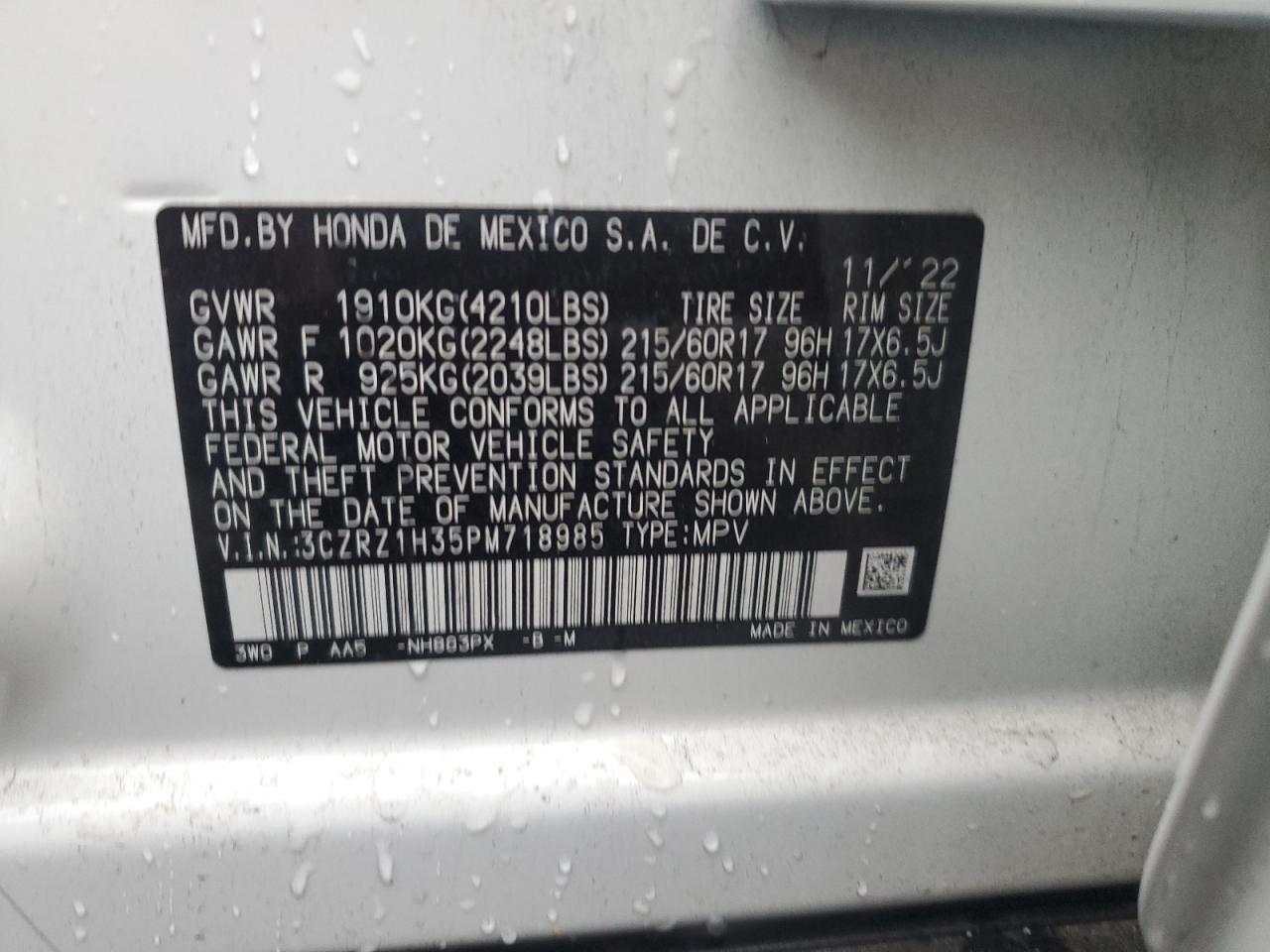 2023 HONDA HR-V LX VIN:3CZRZ1H35PM718985