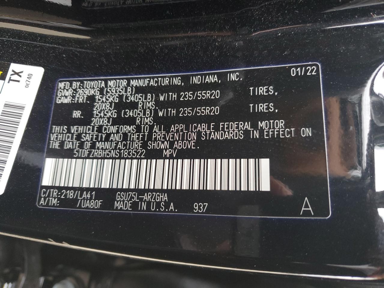 2022 TOYOTA HIGHLANDER PLATINUM VIN:5TDFZRBH5NS183522