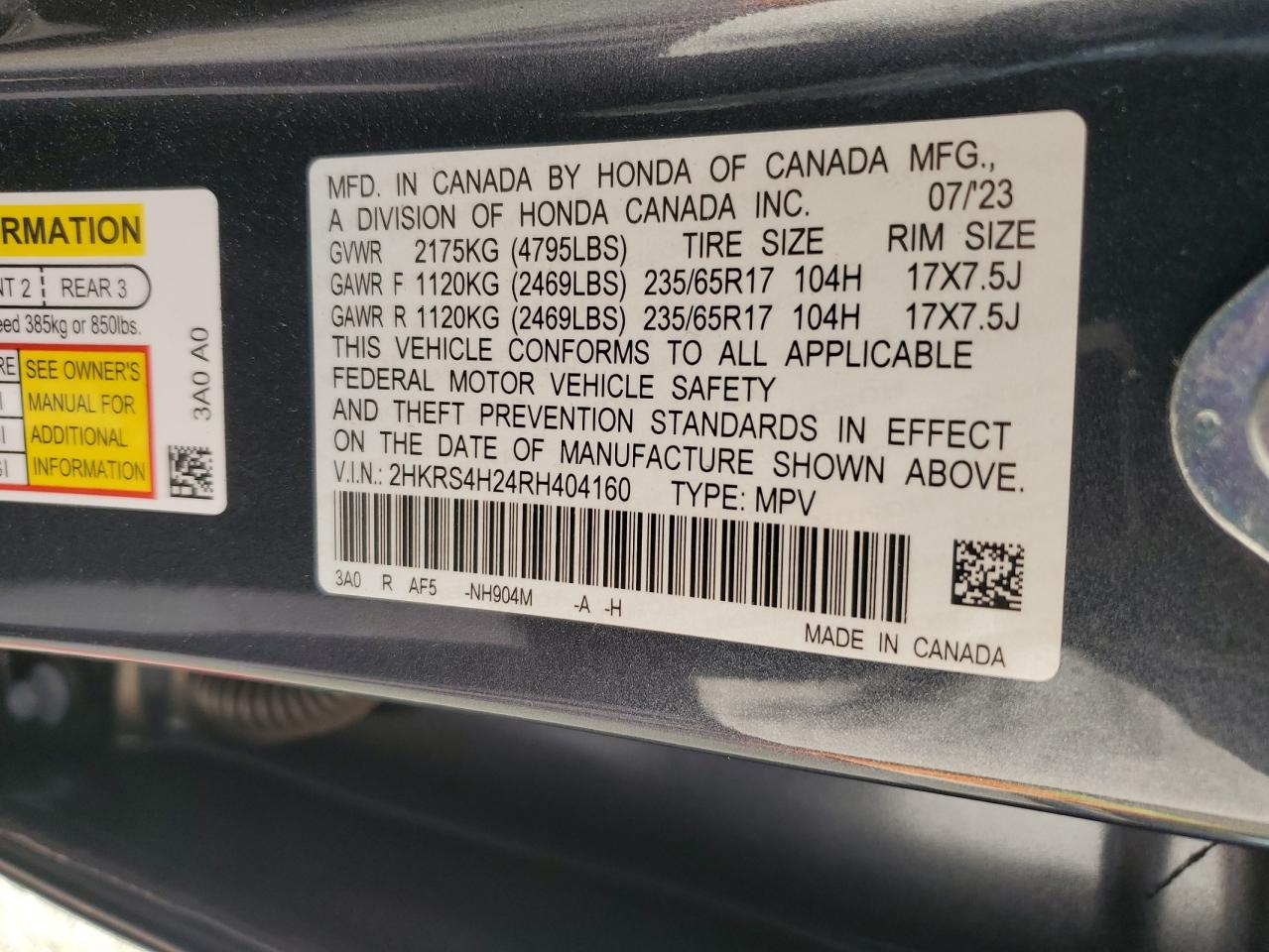 2024 HONDA CR-V LX VIN:2HKRS4H24RH404160