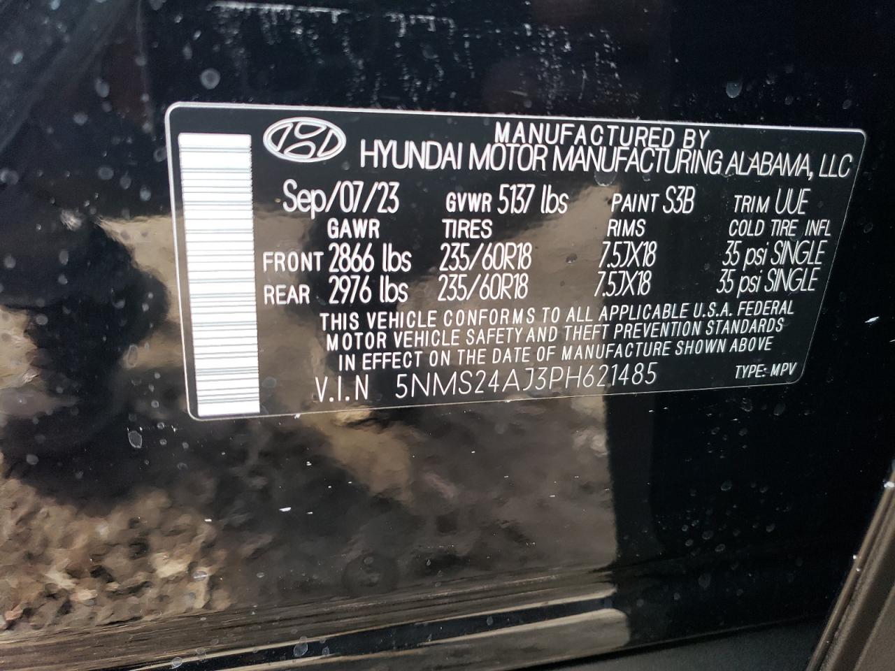 2023 HYUNDAI SANTA FE SEL VIN:5NMS24AJ3PH621485