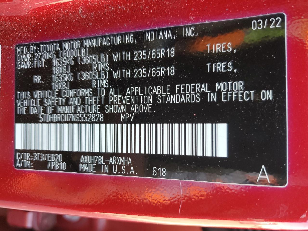 2022 TOYOTA HIGHLANDER HYBRID XLE VIN:5TDHBRCH7NS552828