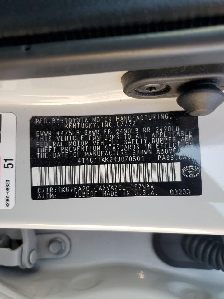 2022 TOYOTA CAMRY LE VIN:4T1C11AK2NU070501