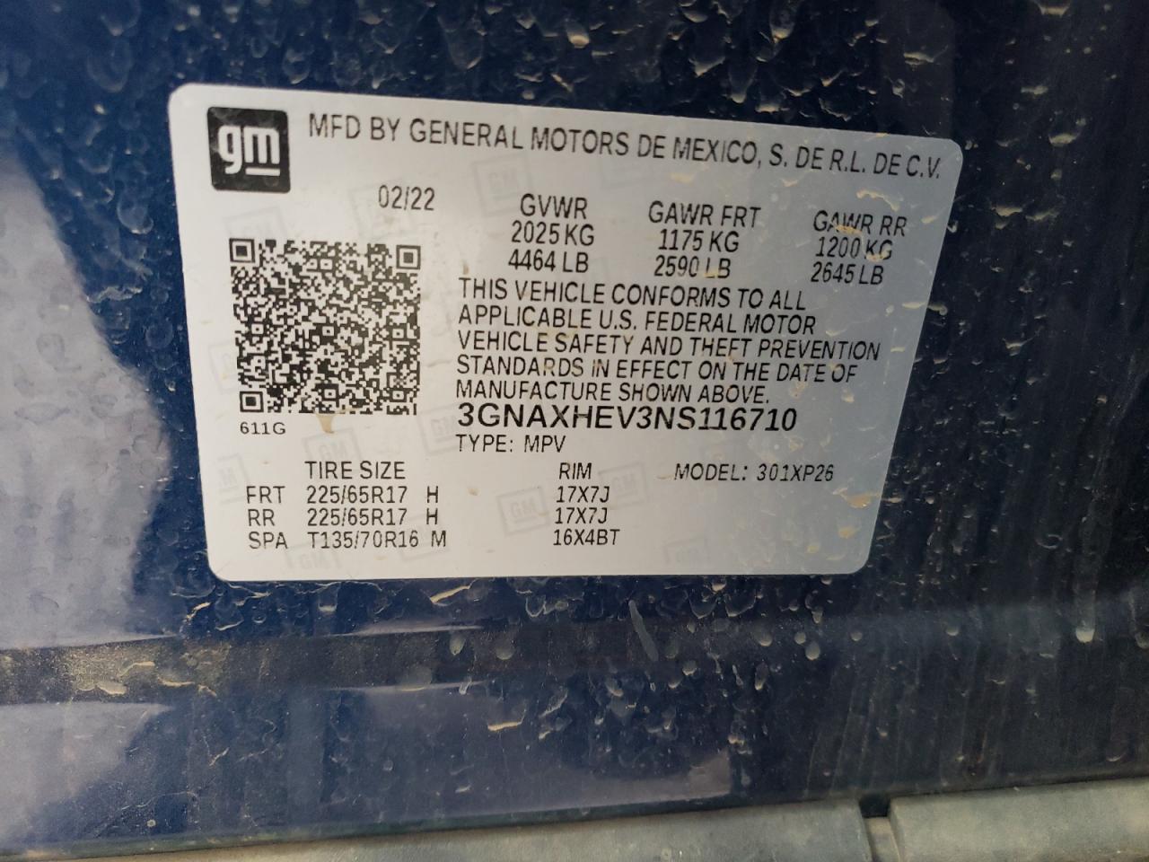 2022 CHEVROLET EQUINOX LS VIN:3GNAXHEV3NS116710