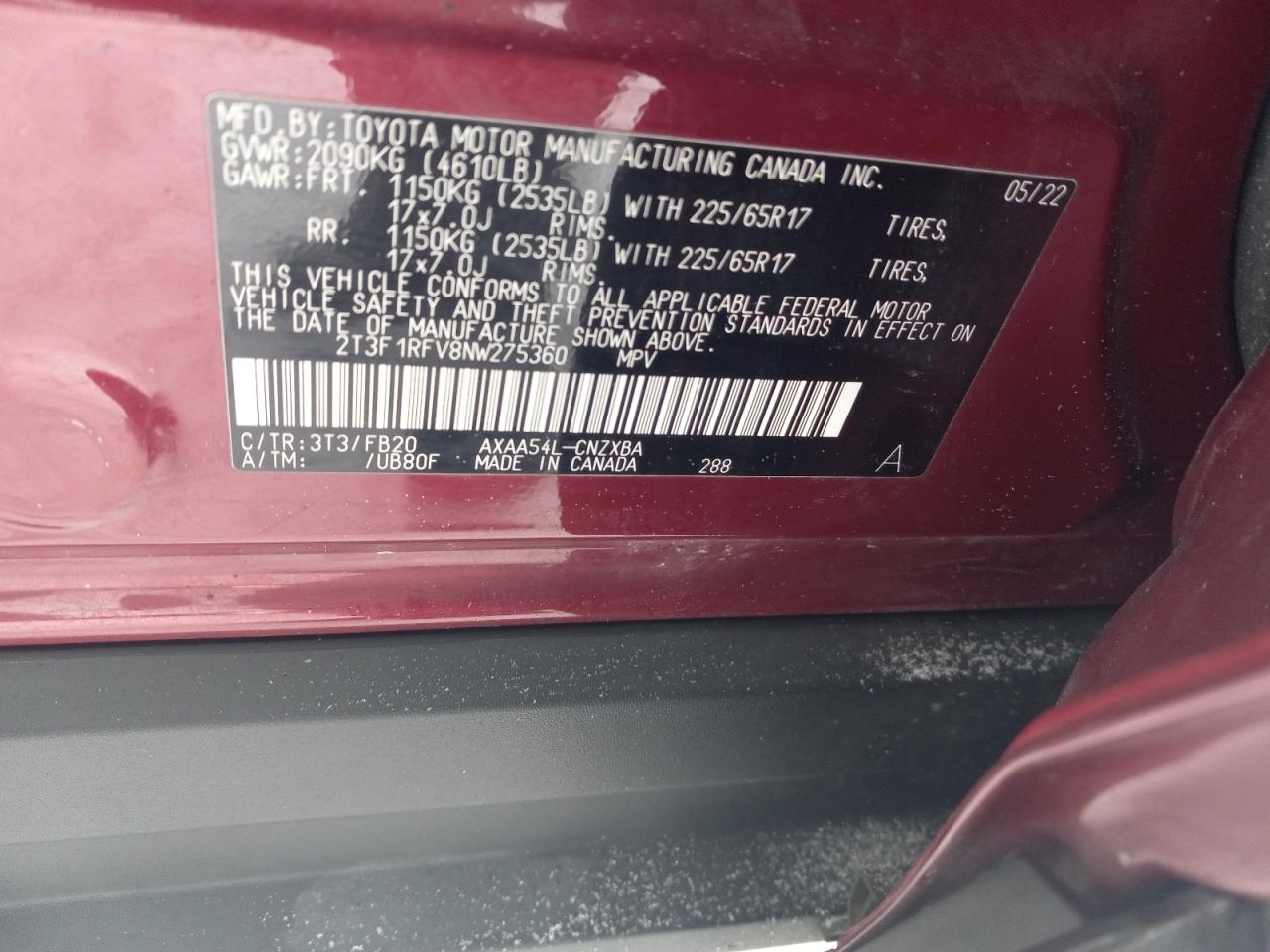 2022 TOYOTA RAV4 LE VIN:2T3F1RFV8NW275360