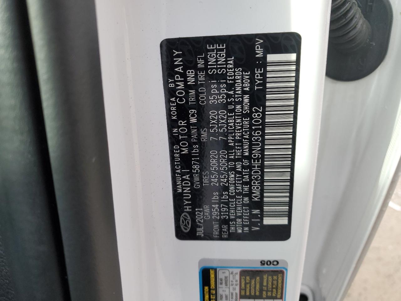 2022 HYUNDAI PALISADE SEL VIN:KM8R3DHE9NU361082