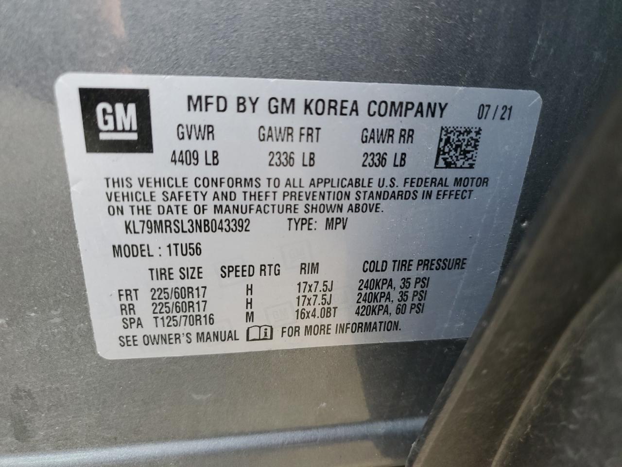 2022 CHEVROLET TRAILBLAZER LT VIN:KL79MRSL3NB043392