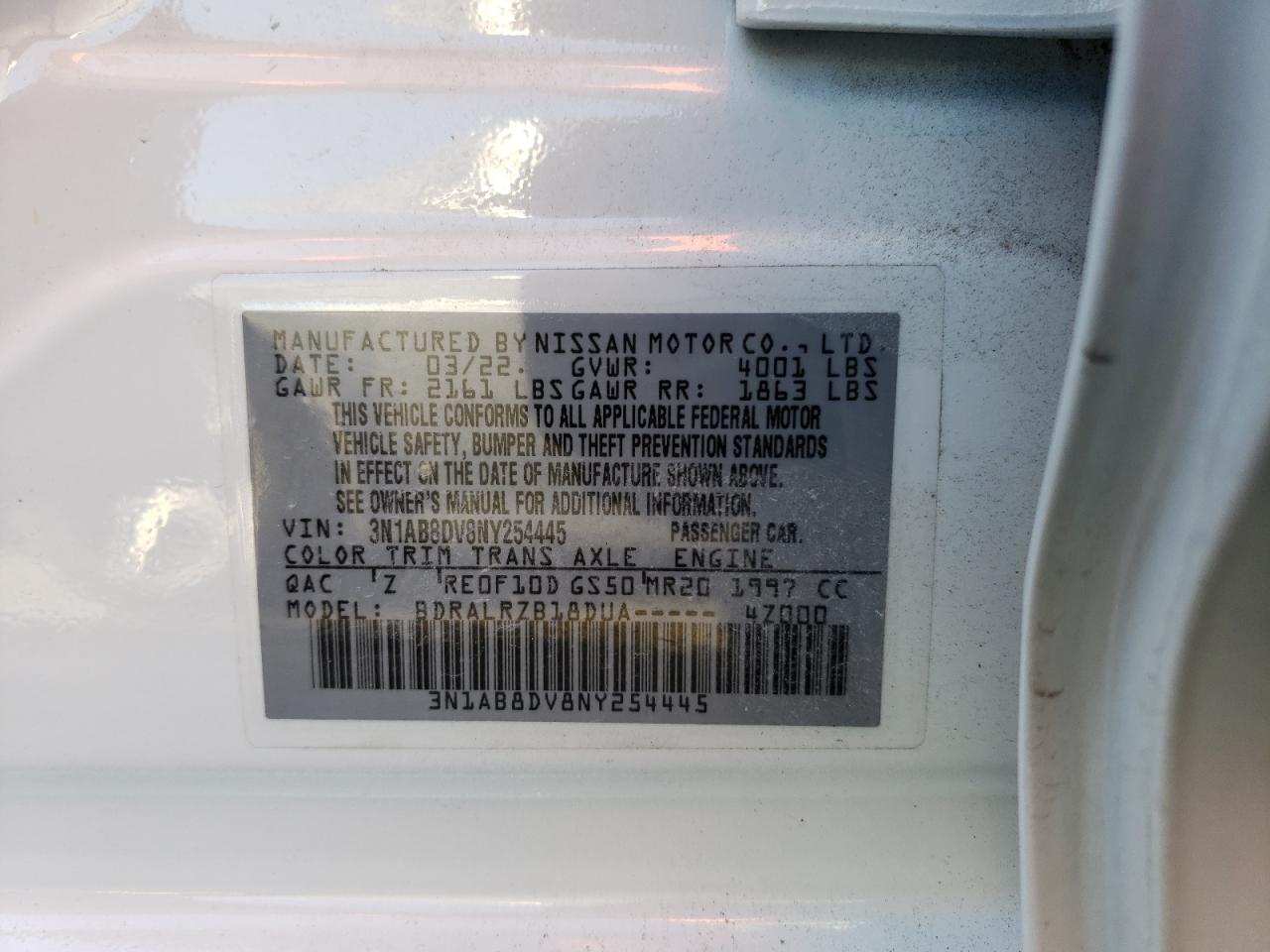 2022 NISSAN SENTRA SR VIN:3N1AB8DV8NY254445