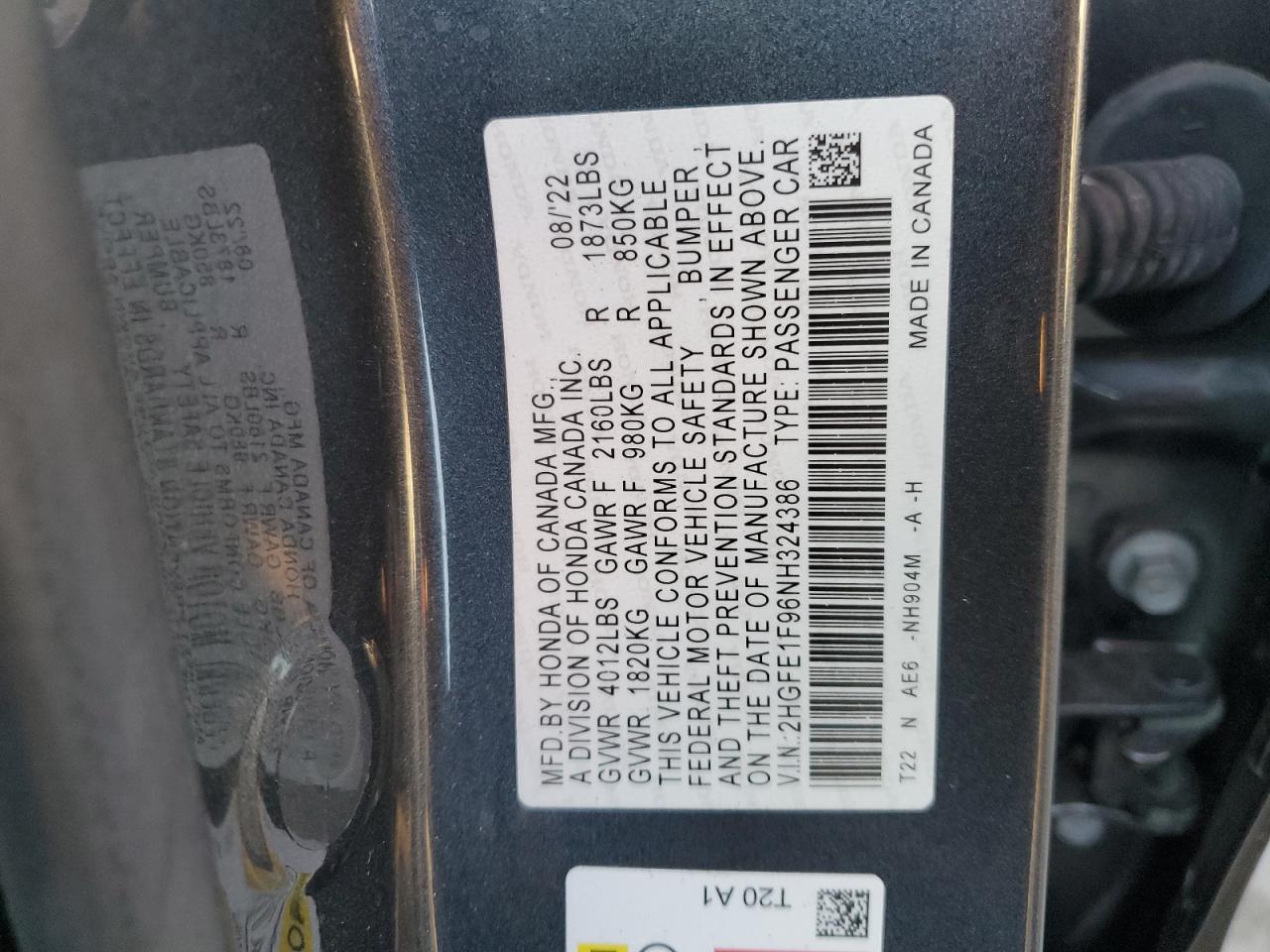 2022 HONDA CIVIC TOURING VIN:2HGFE1F96NH324386