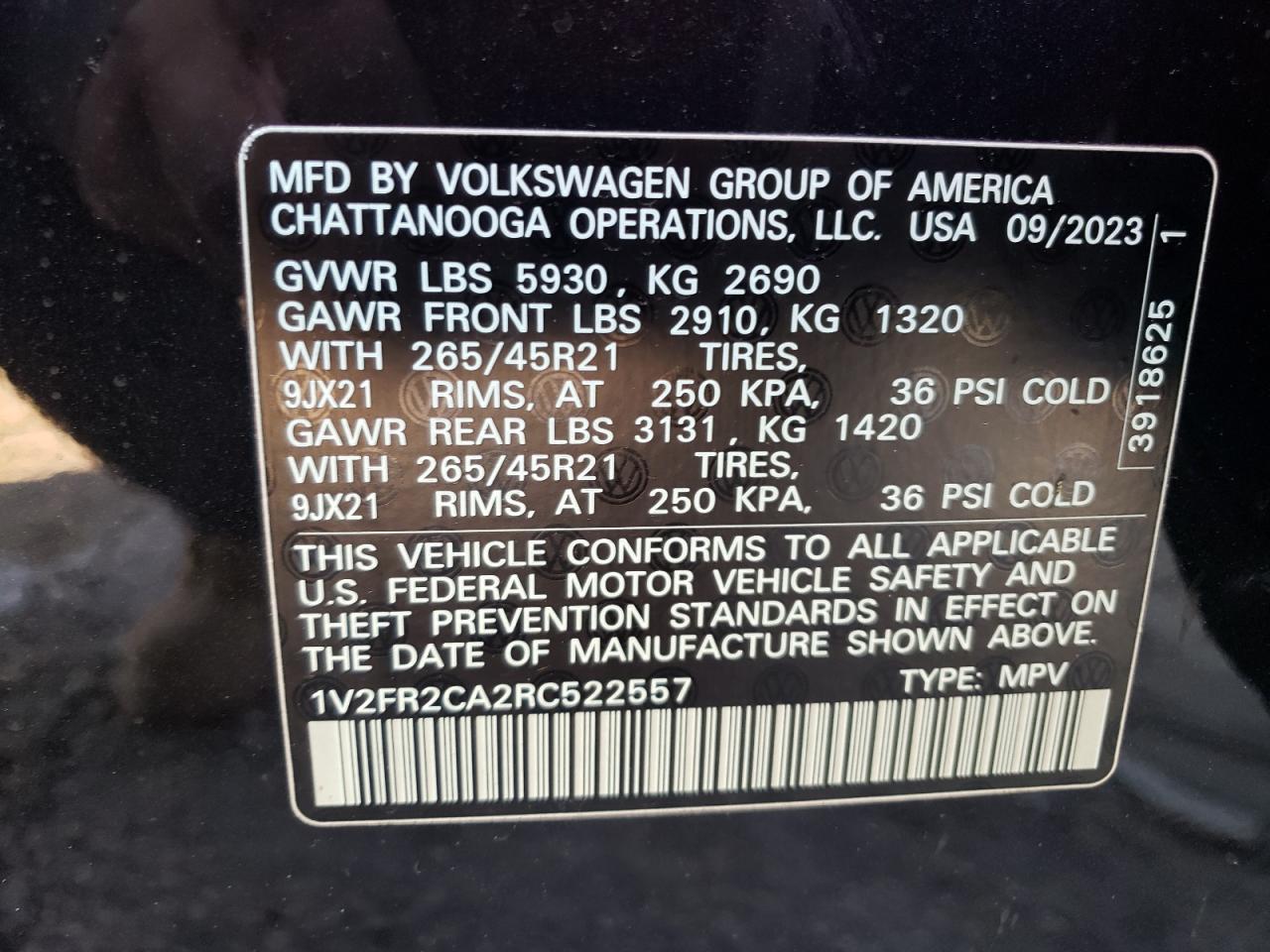 2024 VOLKSWAGEN ATLAS SEL PREMIUM R-LINE VIN:1V2FR2CA2RC522557