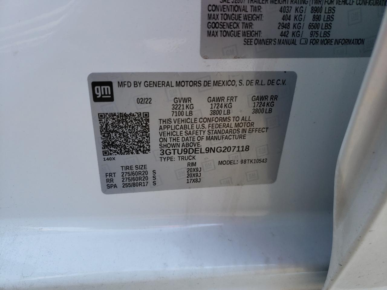 2022 GMC SIERRA LIMITED K1500 SLT VIN:3GTU9DEL9NG207118
