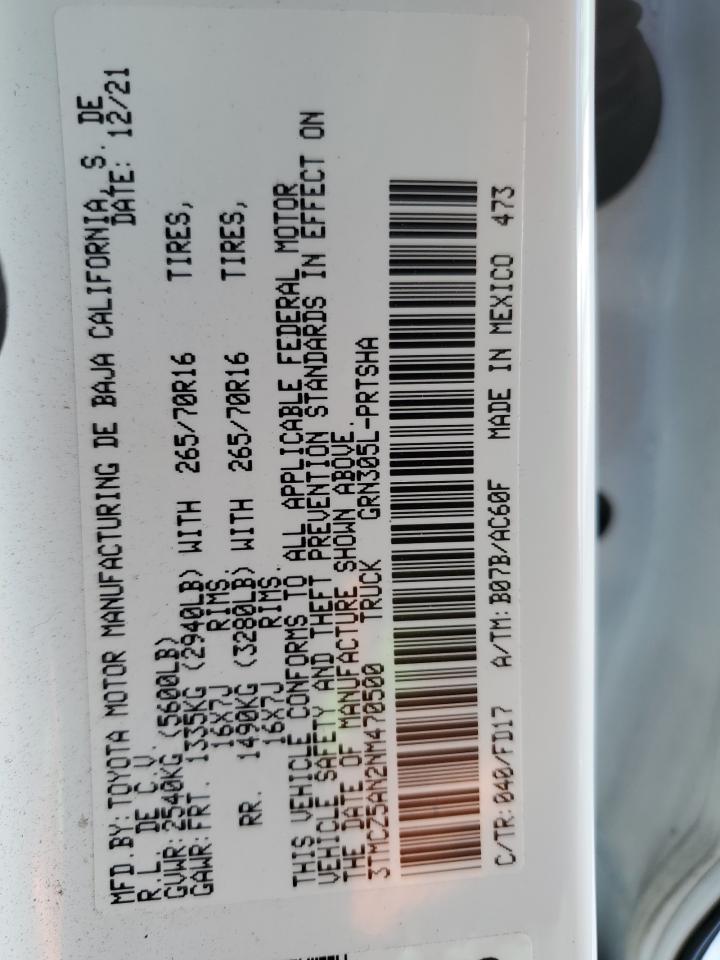 2022 TOYOTA TACOMA DOUBLE CAB VIN:3TMCZ5AN2NM470500