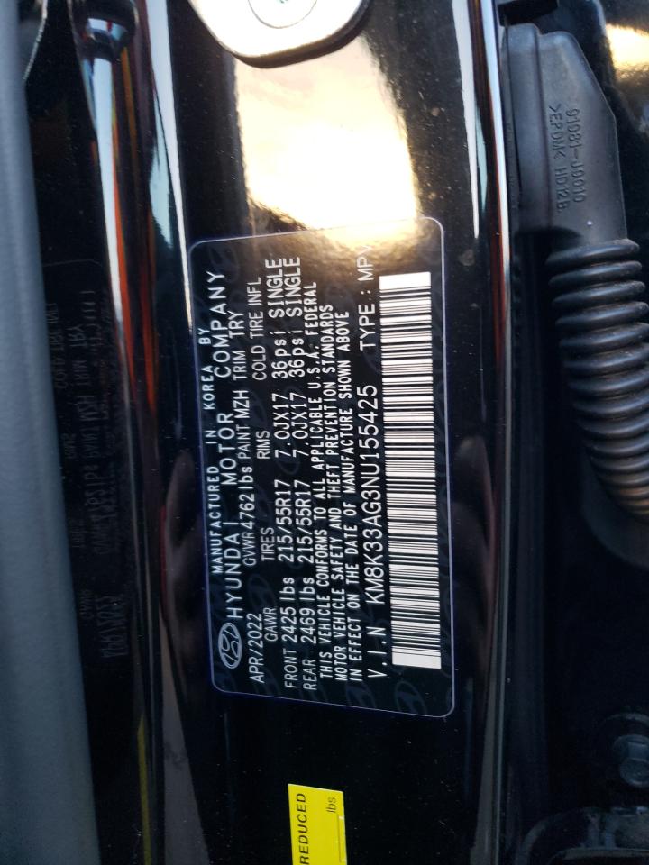 2022 HYUNDAI KONA SEL VIN:KM8K33AG3NU155425