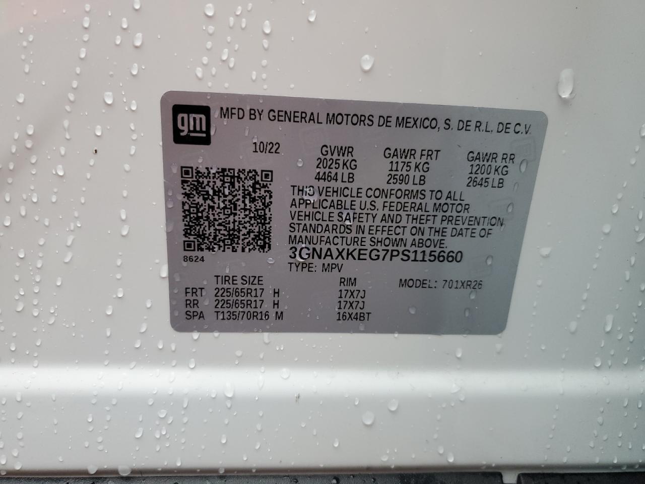 2023 CHEVROLET EQUINOX LT VIN:3GNAXKEG7PS115660