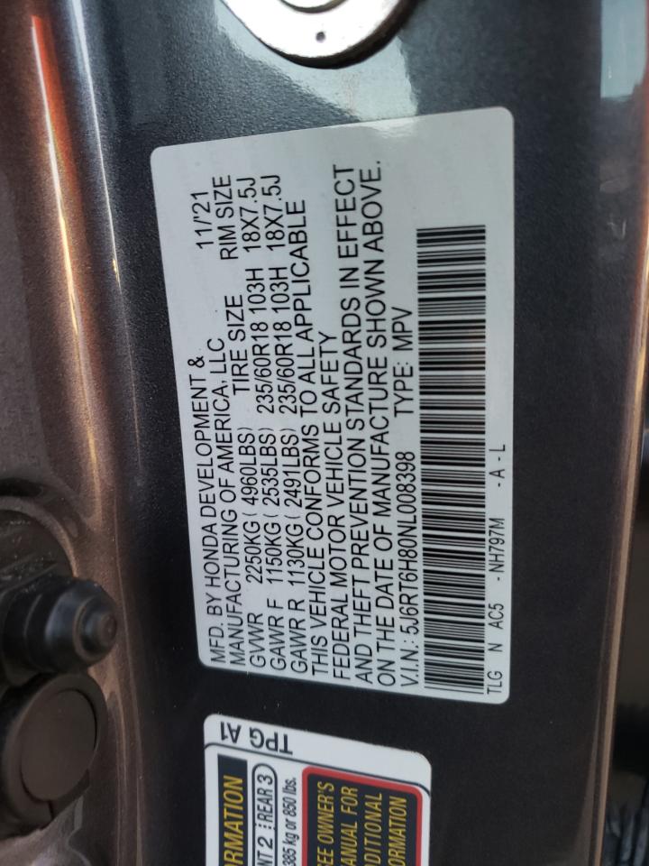 2022 HONDA CR-V EXL VIN:5J6RT6H80NL008398