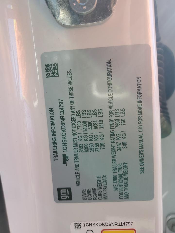 2022 CHEVROLET SUBURBAN K1500 Z71 VIN:1GNSKDKD6NR114797