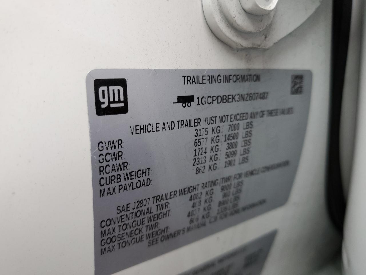 2022 CHEVROLET SILVERADO K1500 CUSTOM VIN:1GCPDBEK3NZ607487