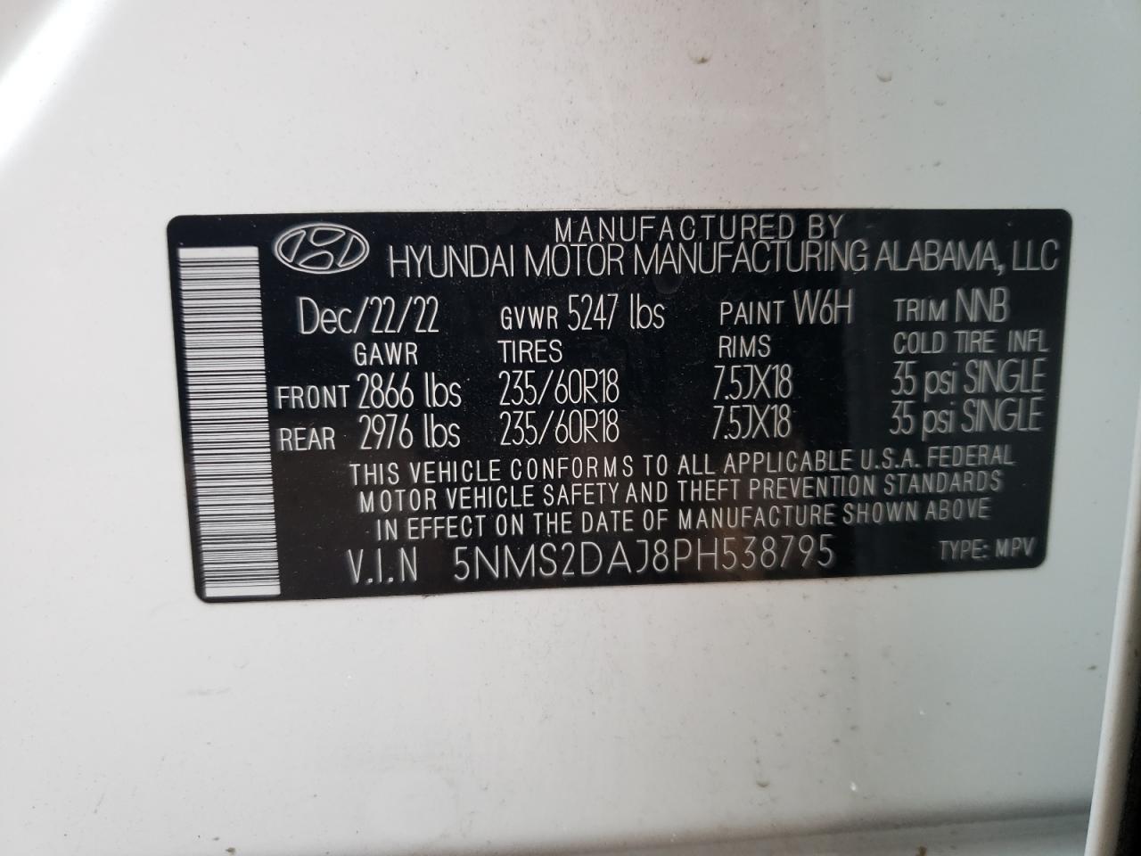 2023 HYUNDAI SANTA FE SEL VIN:5NMS2DAJ8PH538795