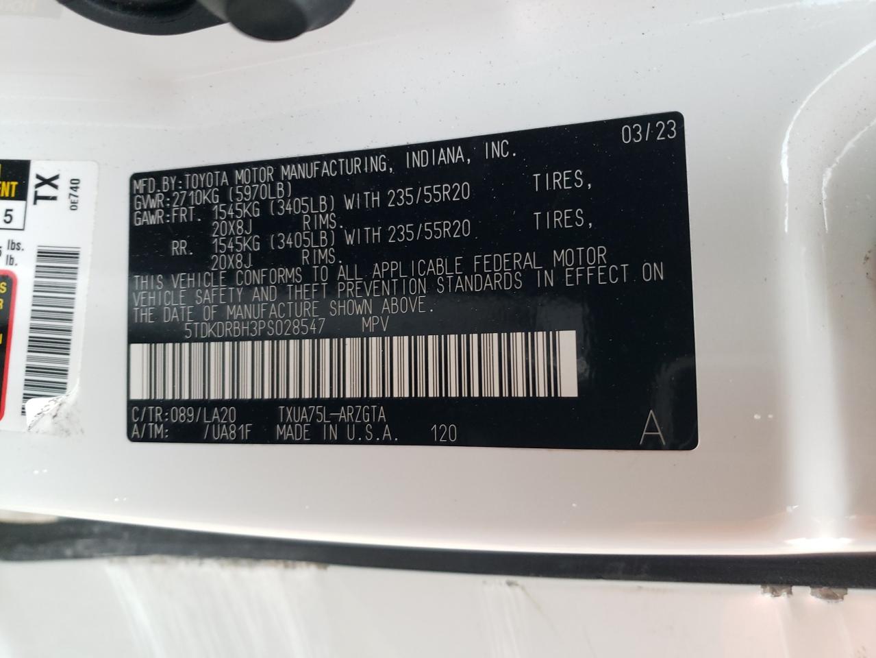 2023 TOYOTA HIGHLANDER L VIN:5TDKDRBH3PS028547