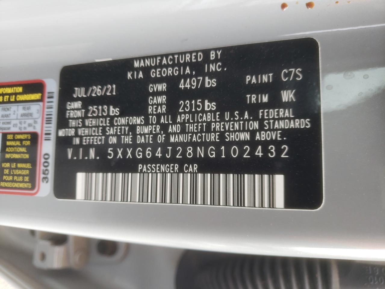 2022 KIA K5 GT LINE VIN:5XXG64J28NG102432