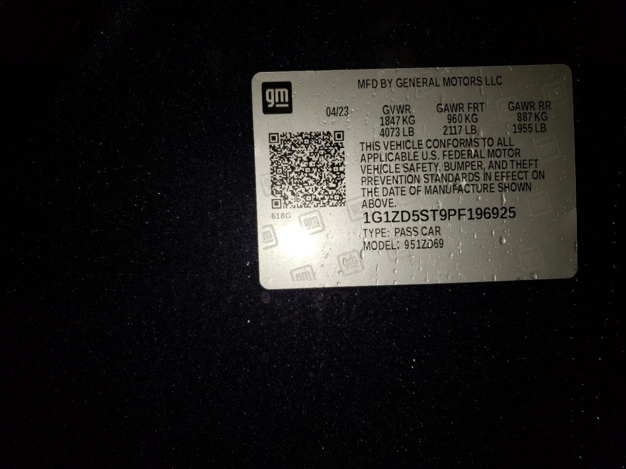 2023 CHEVROLET MALIBU LT VIN:1G1ZD5ST9PF196925