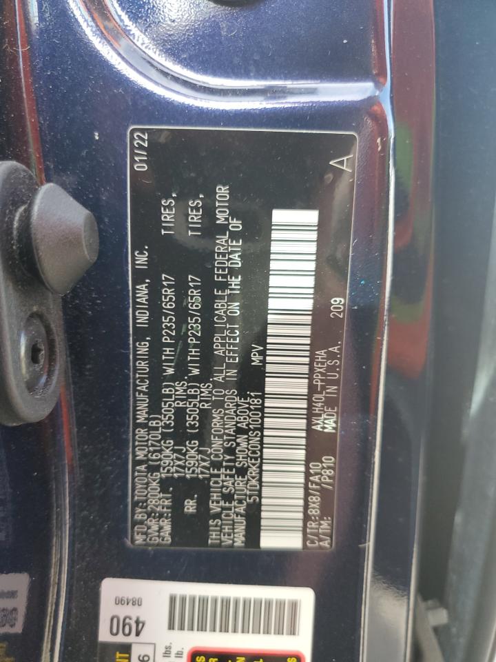 2022 TOYOTA SIENNA LE VIN:5TDKRKEC0NS100181