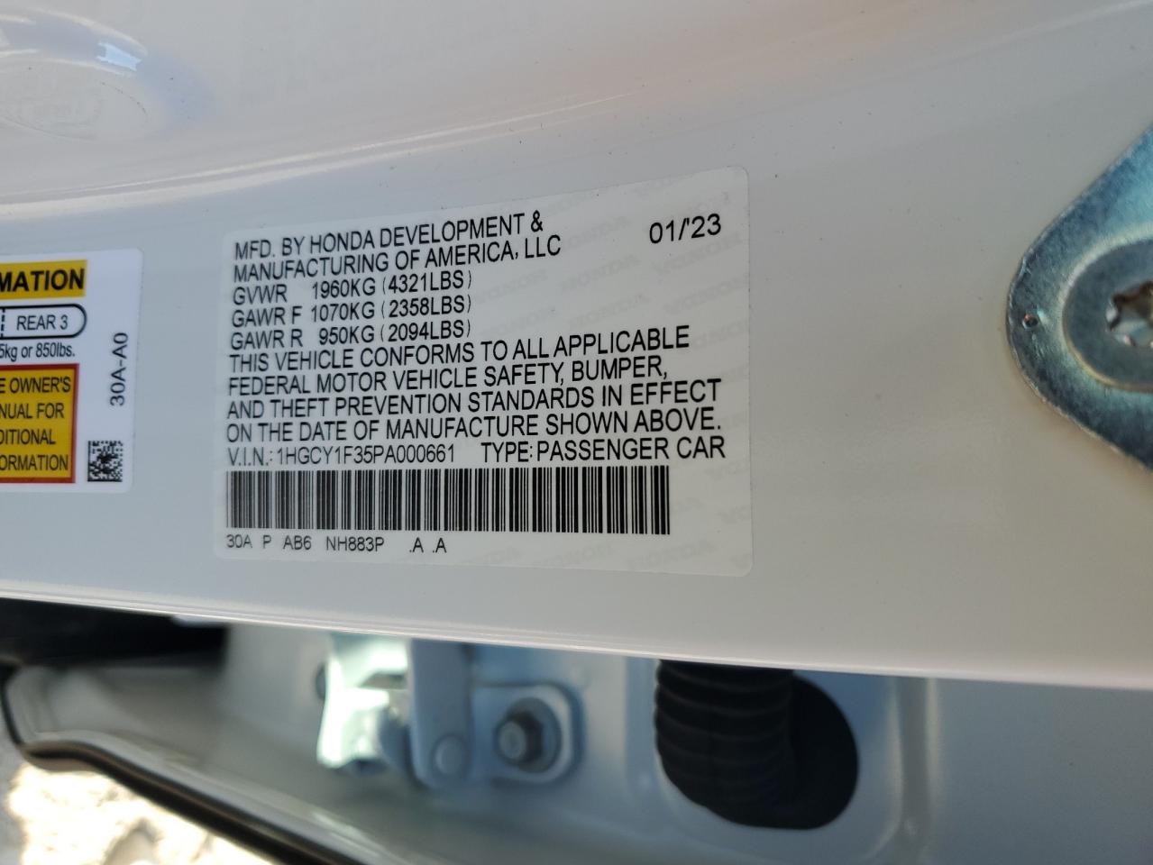2023 HONDA ACCORD EX VIN:1HGCY1F35PA000661