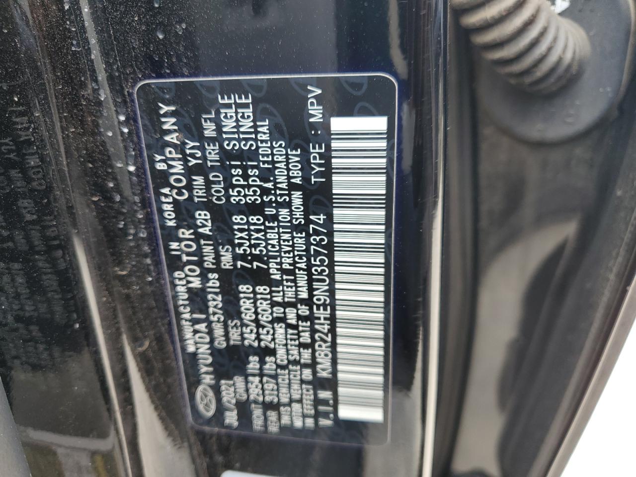 2022 HYUNDAI PALISADE SEL VIN:KM8R24HE9NU357374