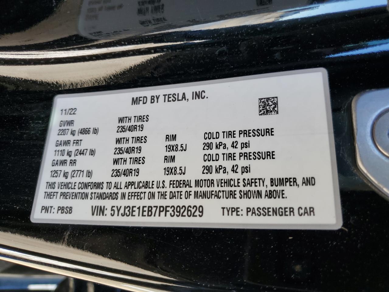 2023 TESLA MODEL 3  VIN:5YJ3E1EB7PF392629