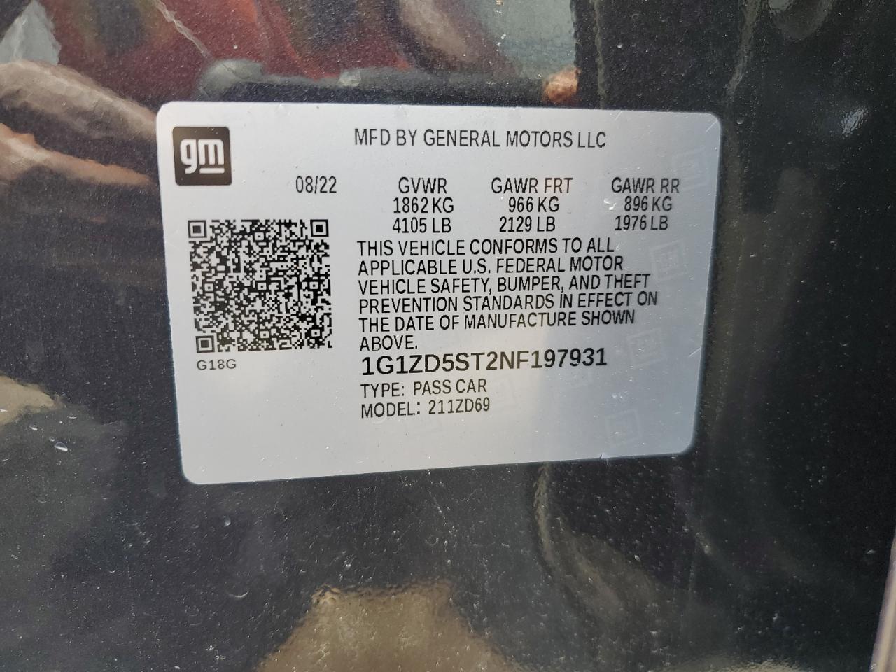 2022 CHEVROLET MALIBU LT VIN:1G1ZD5ST2NF197931