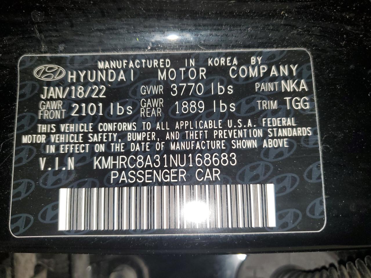 2022 HYUNDAI VENUE SEL VIN:KMHRC8A31NU168683