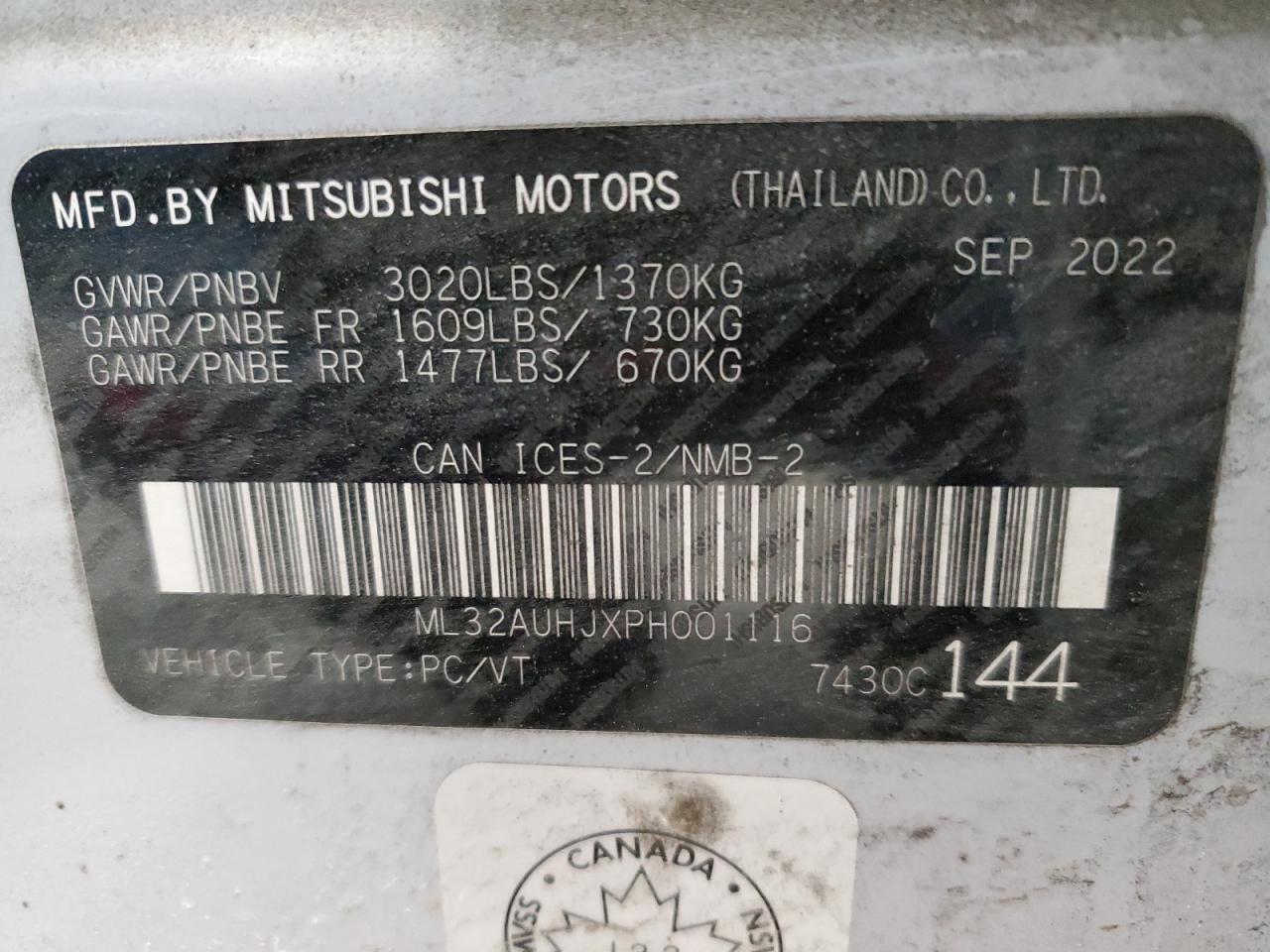 2023 MITSUBISHI MIRAGE ES VIN:ML32AUHJXPH001116