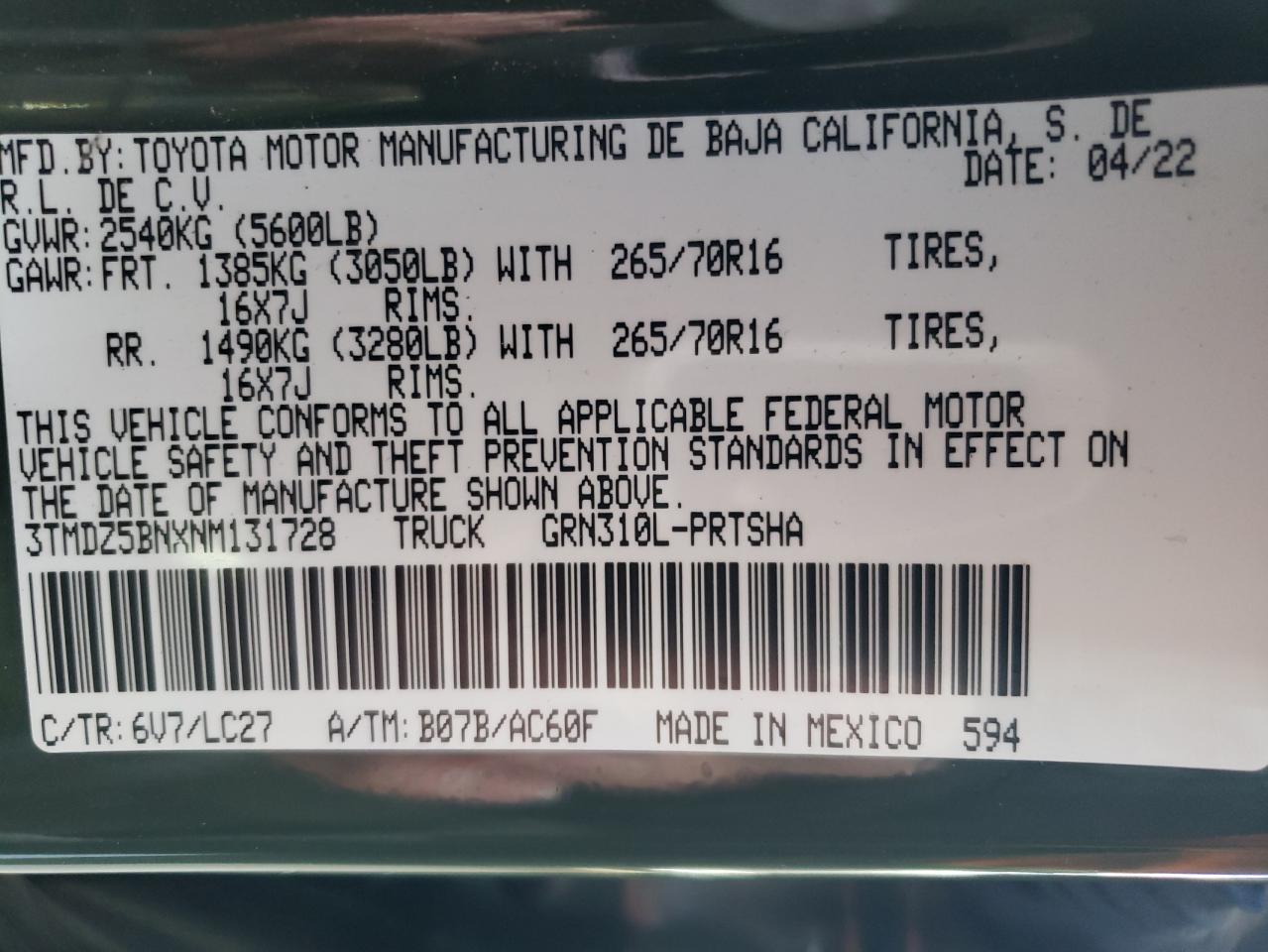 2022 TOYOTA TACOMA DOUBLE CAB VIN:3TMDZ5BNXNM131728