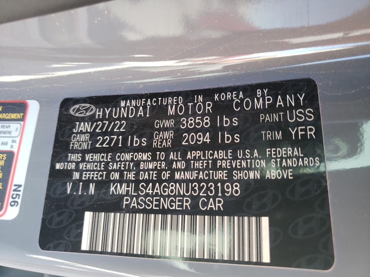 2022 HYUNDAI ELANTRA SEL VIN:KMHLS4AG8NU323198