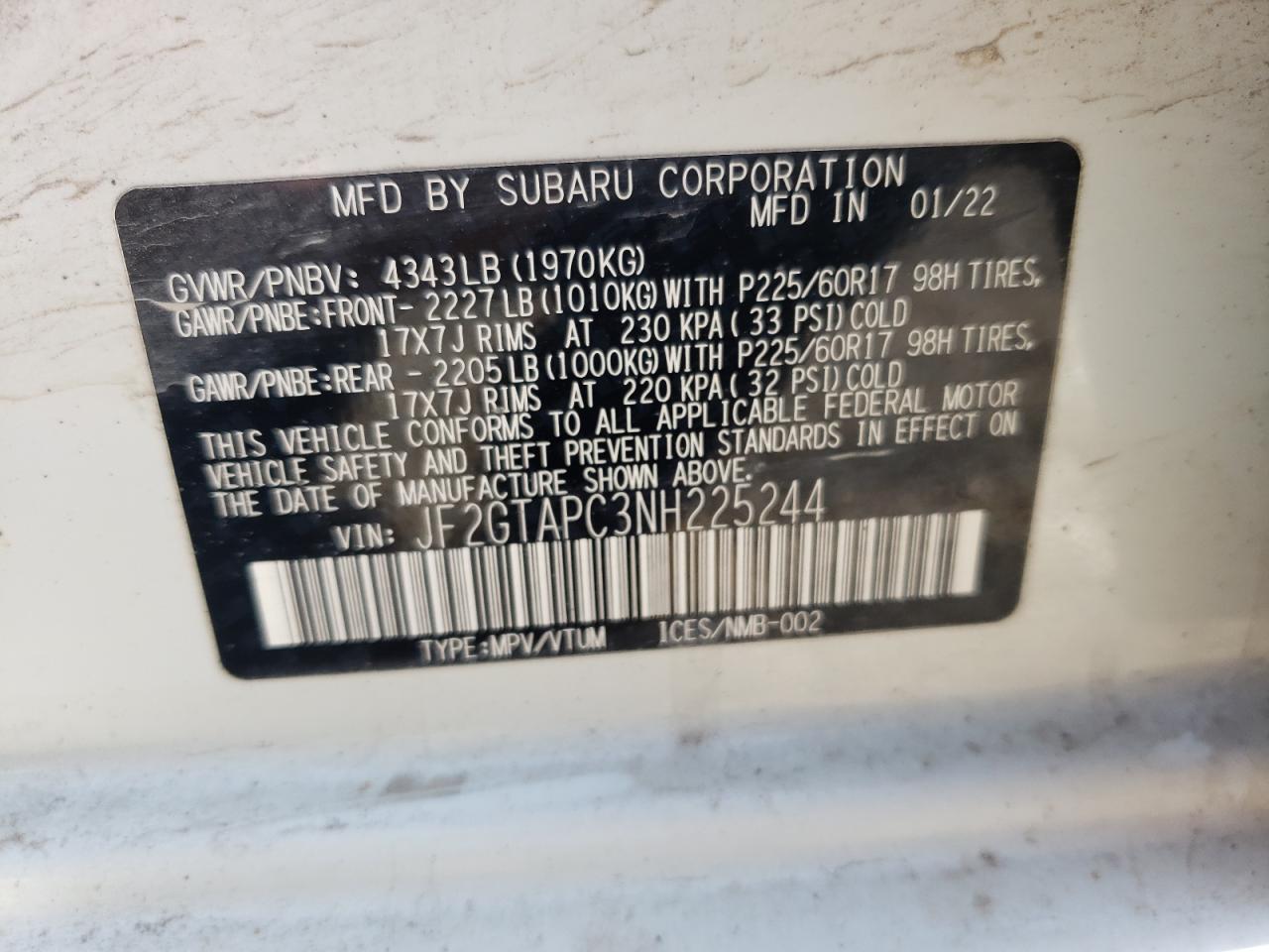 2022 SUBARU CROSSTREK PREMIUM VIN:58199013