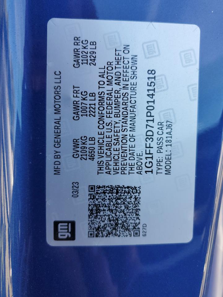 2023 CHEVROLET CAMARO LT1 VIN:1G1FF3D71P0141518