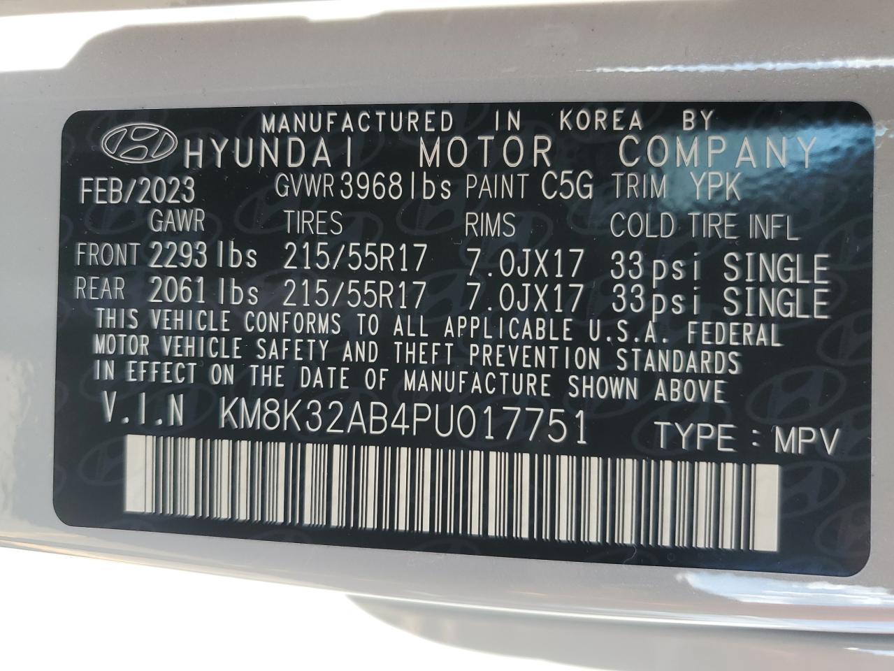 2023 HYUNDAI KONA SEL VIN:KM8K32AB4PU017751
