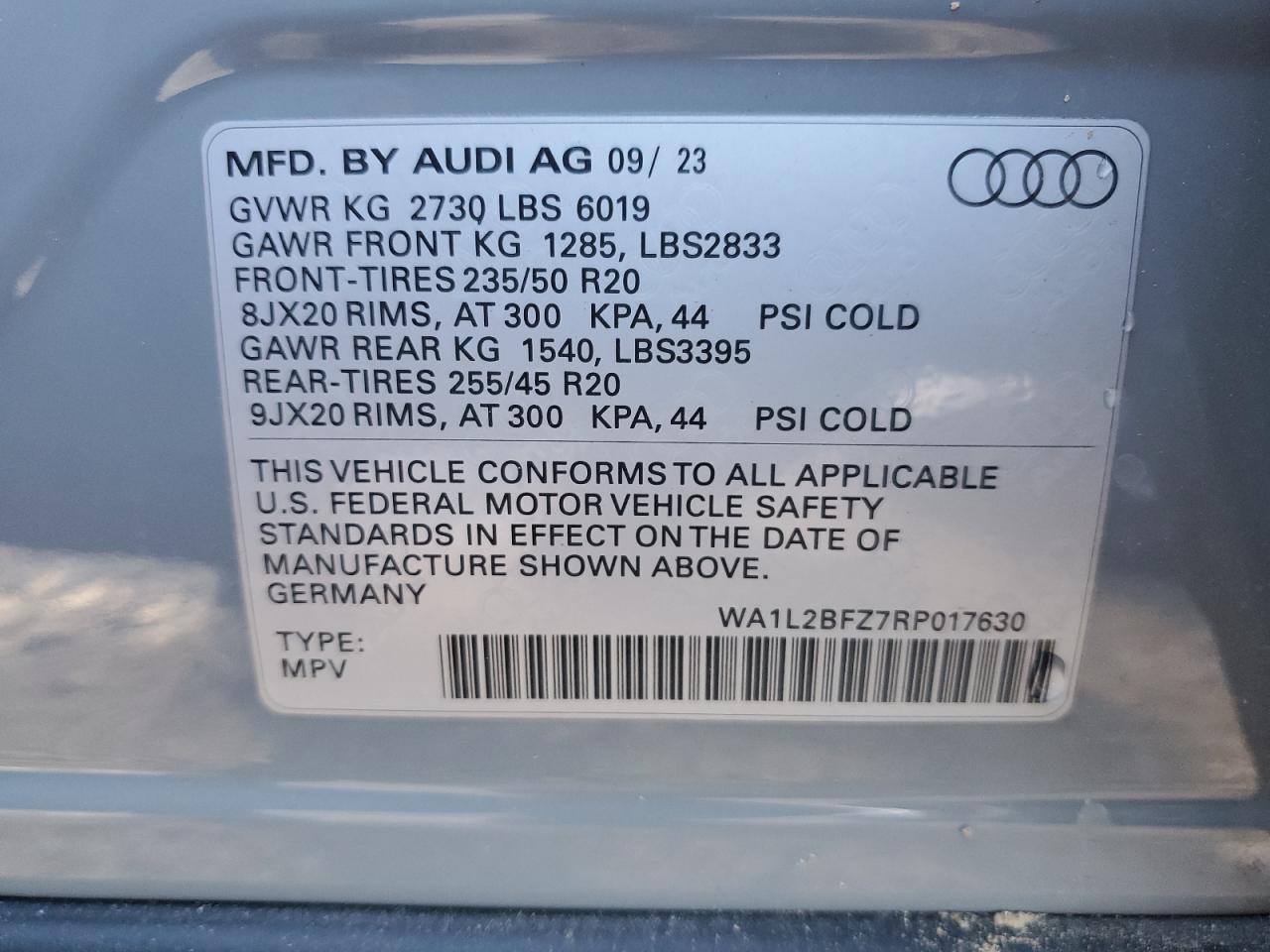 2024 AUDI Q4 E-TRON PREMIUM PLUS VIN:WA1L2BFZ7RP017630