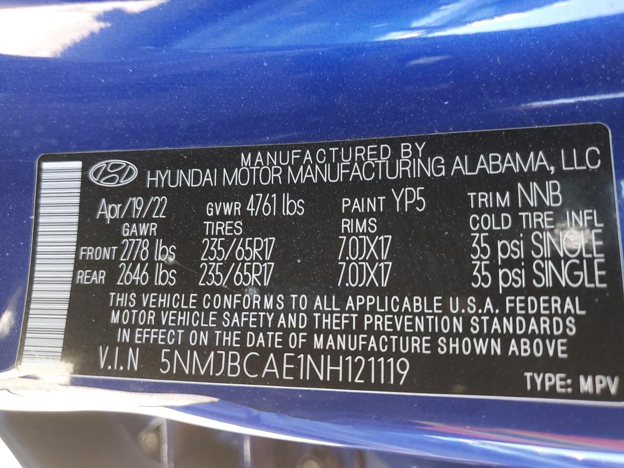 2022 HYUNDAI TUCSON SEL VIN:5NMJBCAE1NH121119