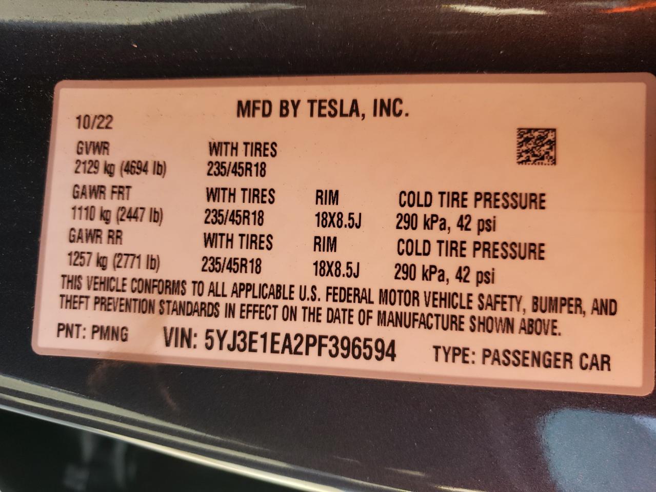 2023 TESLA MODEL 3  VIN:5YJ3E1EA2PF396594