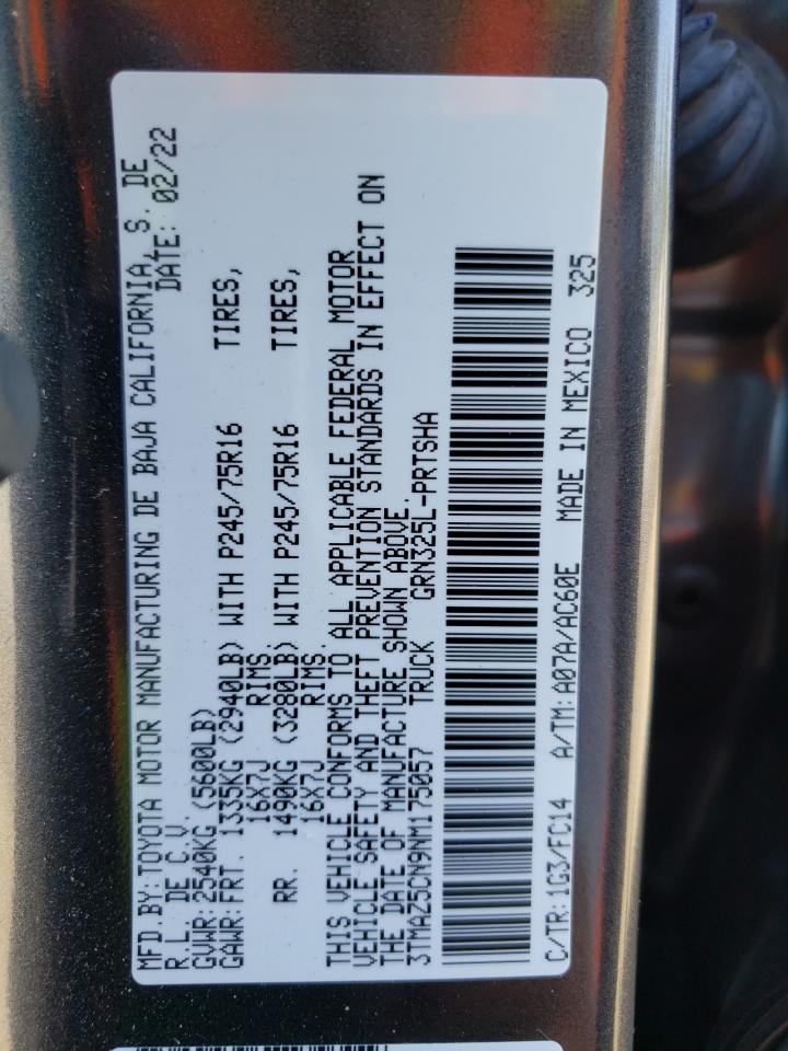 2022 TOYOTA TACOMA DOUBLE CAB VIN:3TMAZ5CN9NM175057