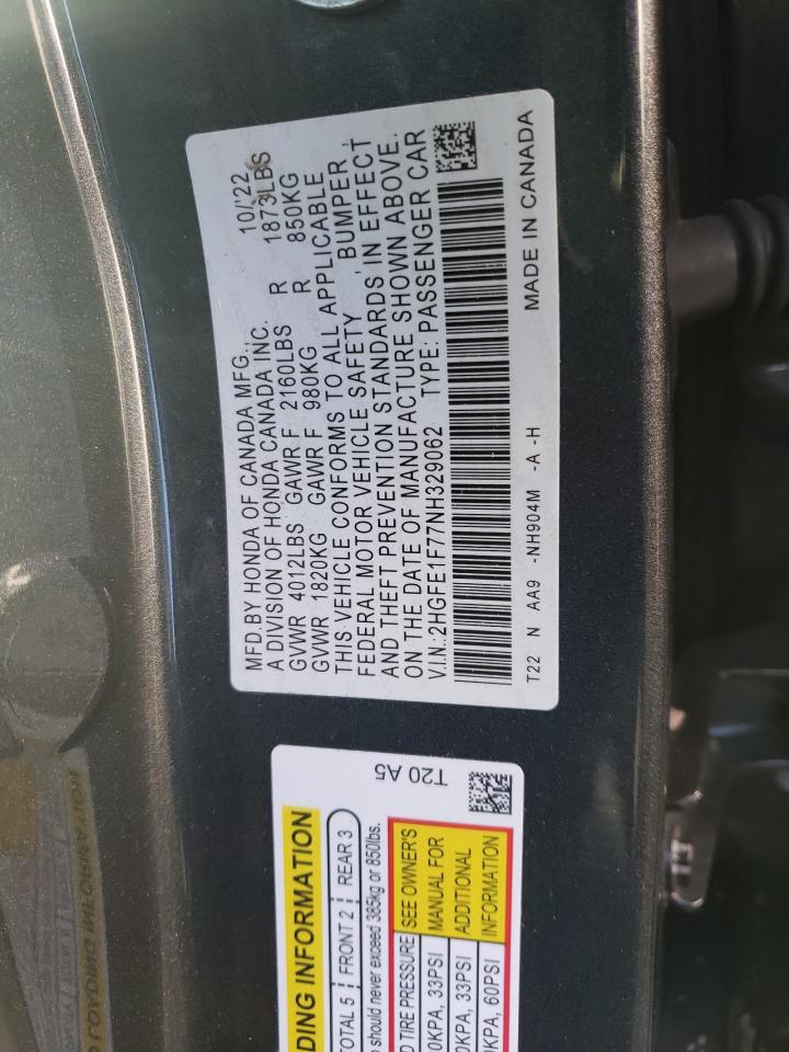 2022 HONDA CIVIC EX VIN:2HGFE1F77NH329062