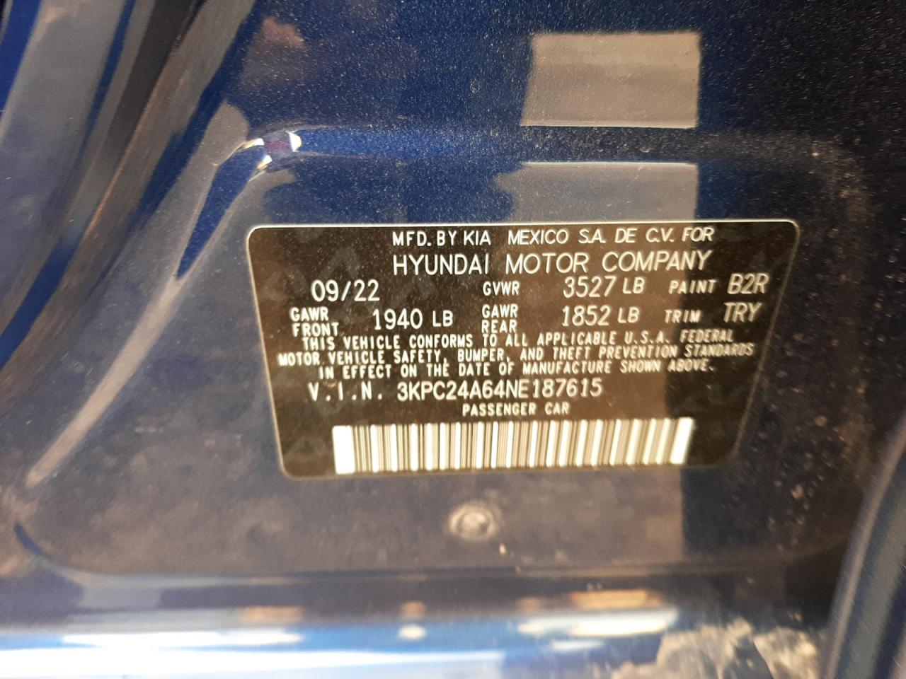 2022 HYUNDAI ACCENT SE VIN:3KPC24A64NE187615