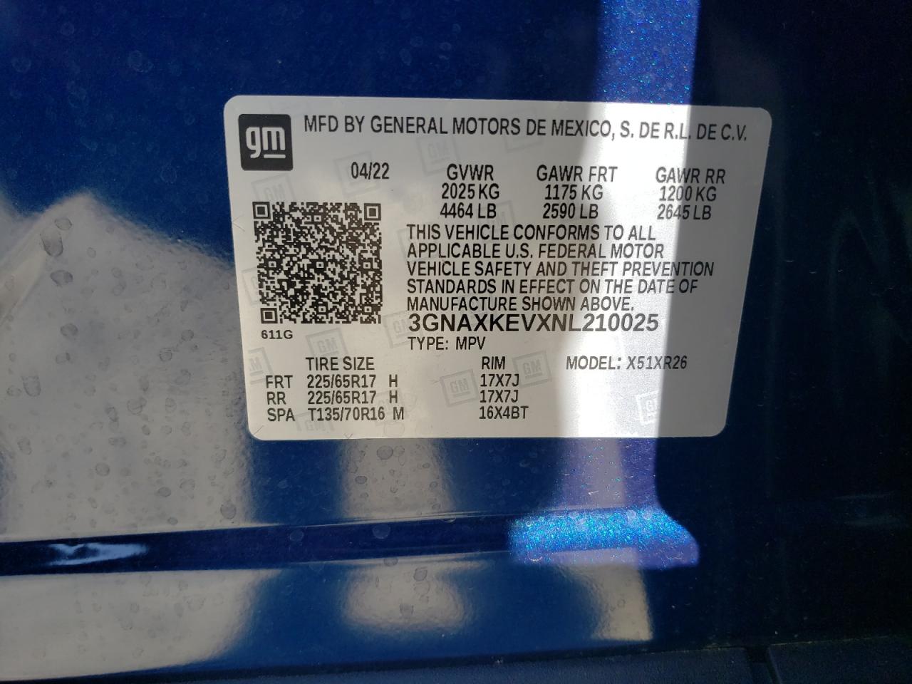 2022 CHEVROLET EQUINOX LT VIN:3GNAXKEVXNL210025