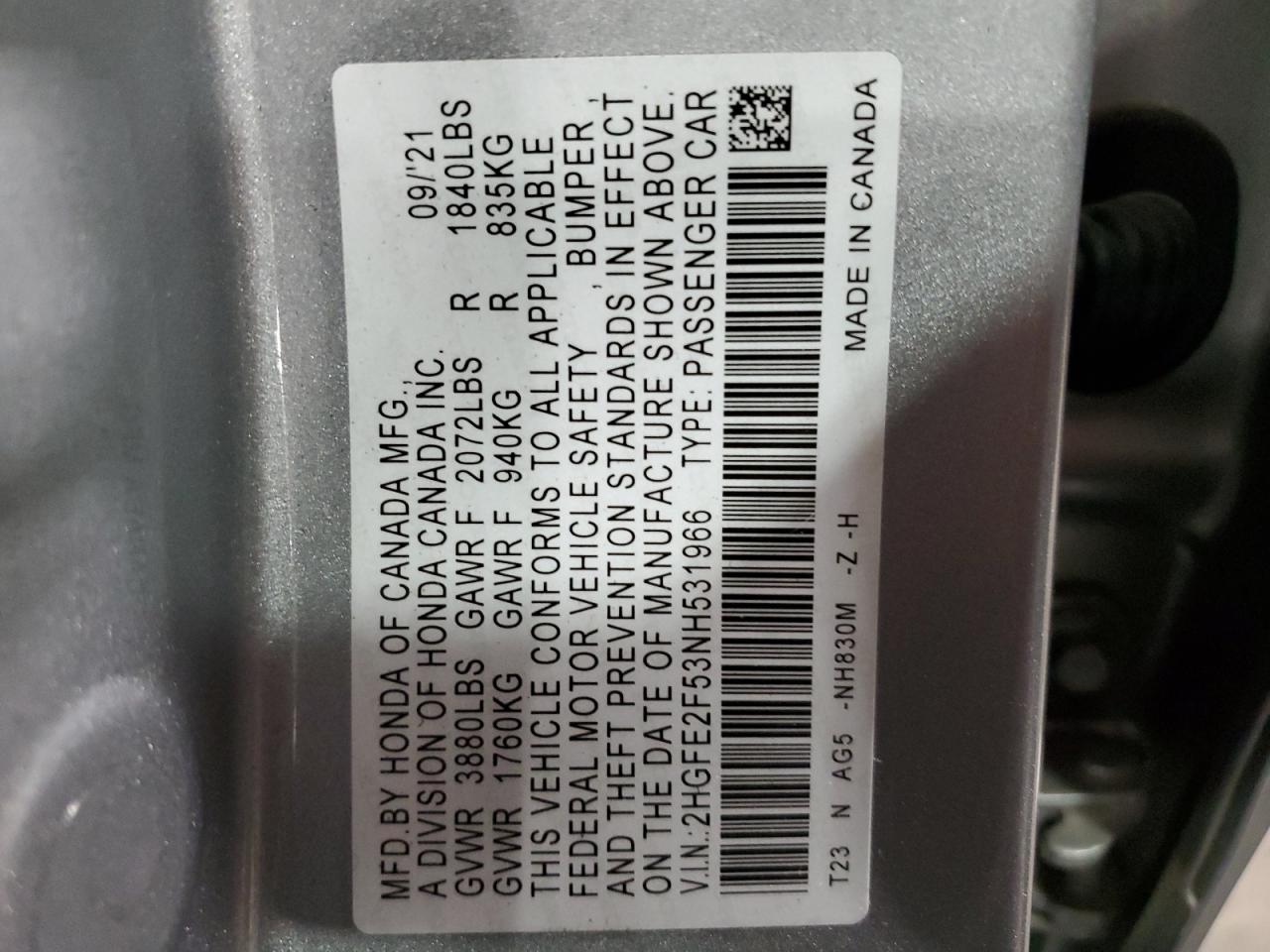 2022 HONDA CIVIC SPORT VIN:2HGFE2F53NH531966