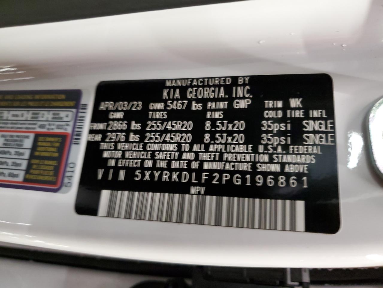 2023 KIA SORENTO SX VIN:5XYRKDLF2PG196861