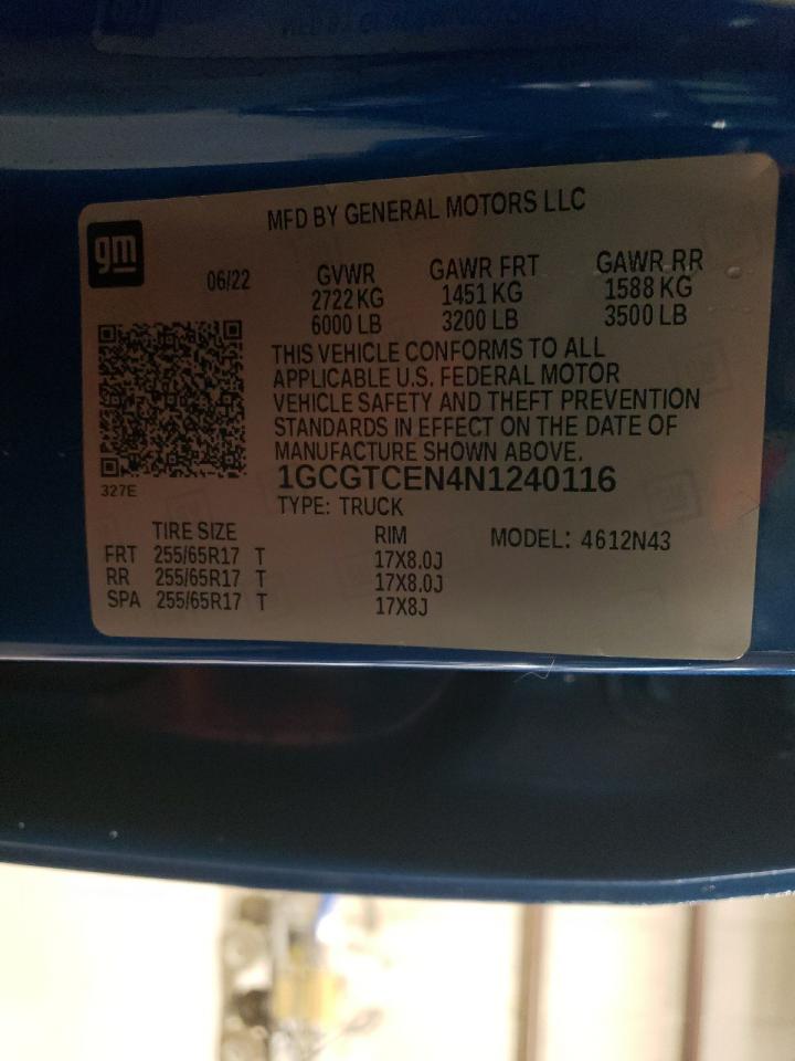 2022 CHEVROLET COLORADO LT VIN:1GCGTCEN4N1240116