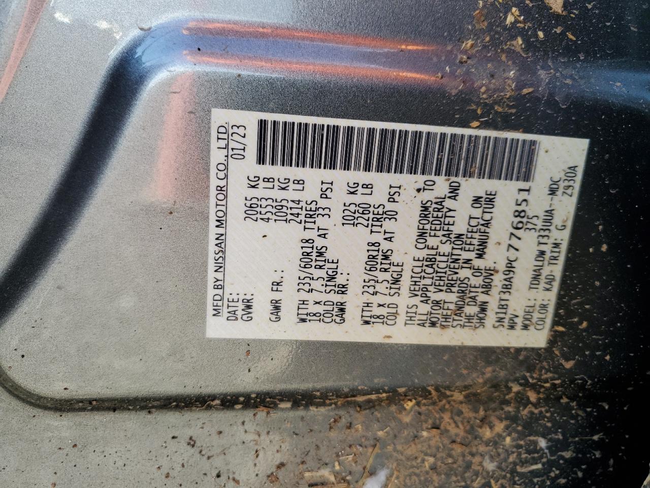 2023 NISSAN ROGUE SV VIN:5N1BT3BA9PC776851