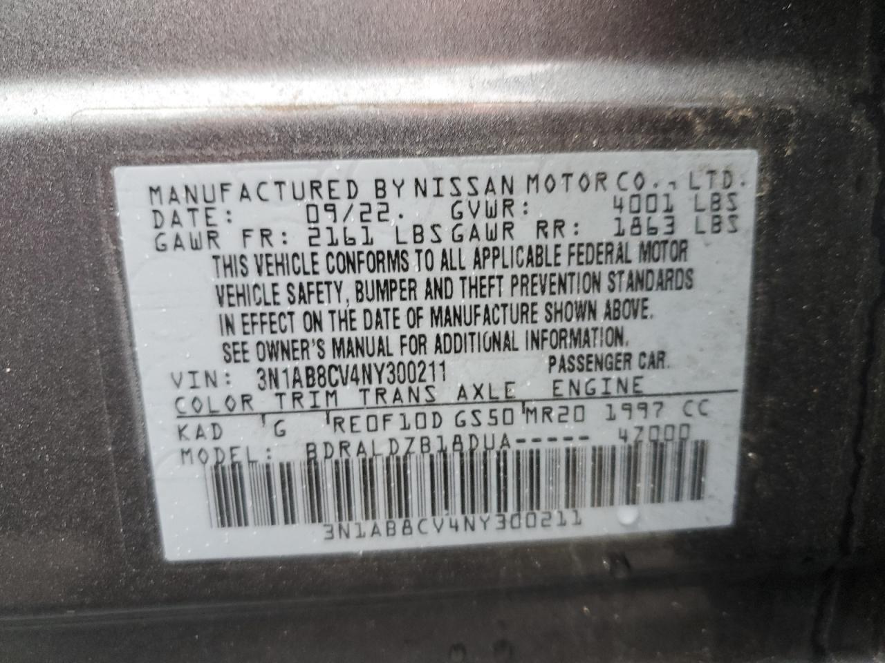 2022 NISSAN SENTRA SV VIN:3N1AB8CV4NY300211