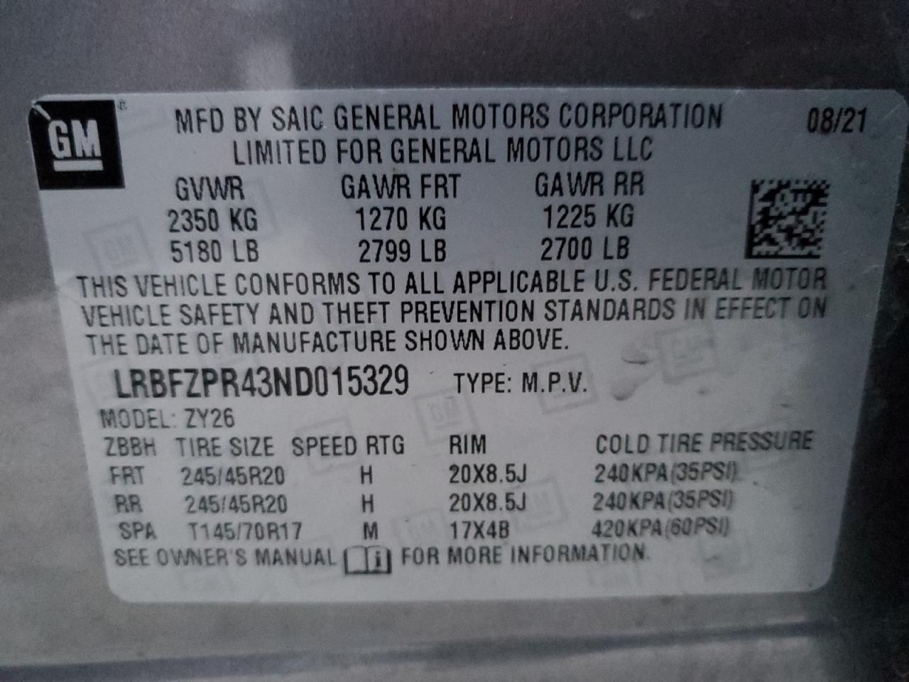 2022 BUICK ENVISION ESSENCE VIN:LRBFZPR43ND015329